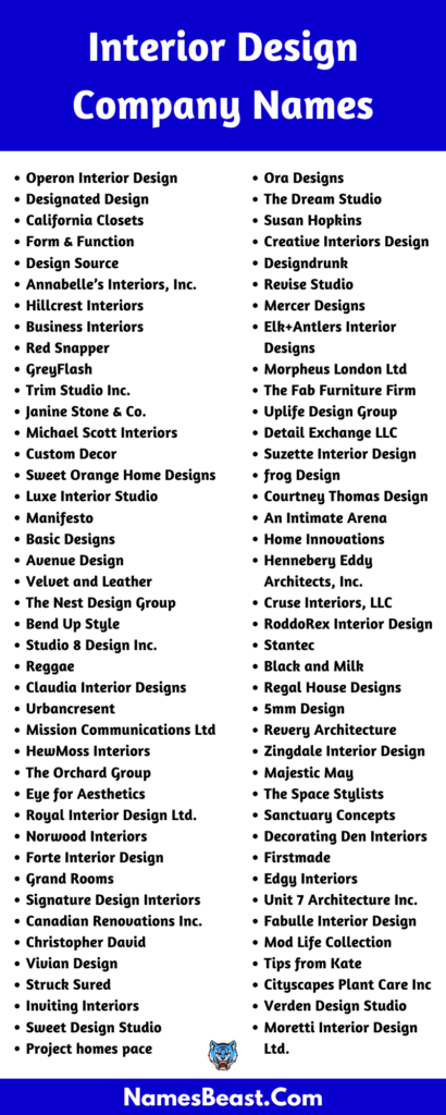 1200+ Interior Design Company Names and Business Name Ideas